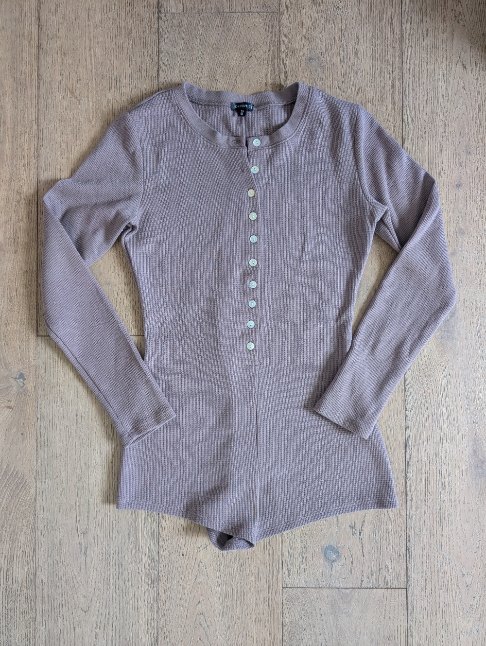 Dynamite Henley Long Sleeve Waffle Romper - Mauve Taupe